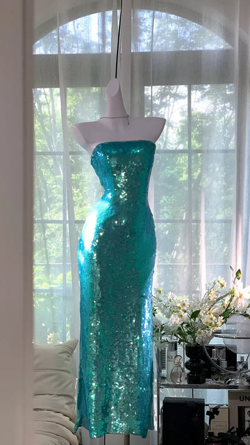Shiny Blue Sheath Strapless Sequin Prom Dress Formal Dress Party Dress HZ1023